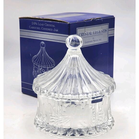 Godinger Crystal Legends Carousel Candy Dish 24% Lead Crystal Jar w/ Lid Boxed - Picture 1 of 16